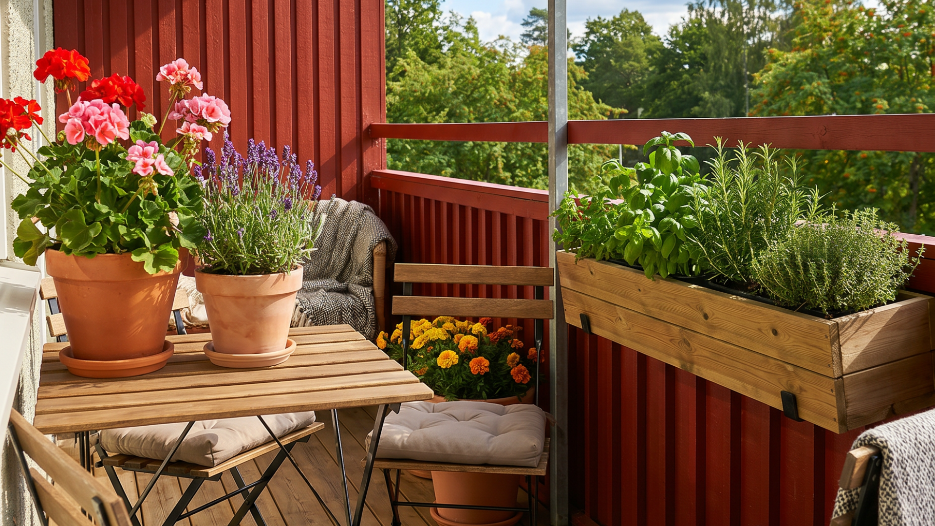 Bild på en balkong med rött räcke där det hänger blomsterlåda på insidan fylld med örter. Bord och 