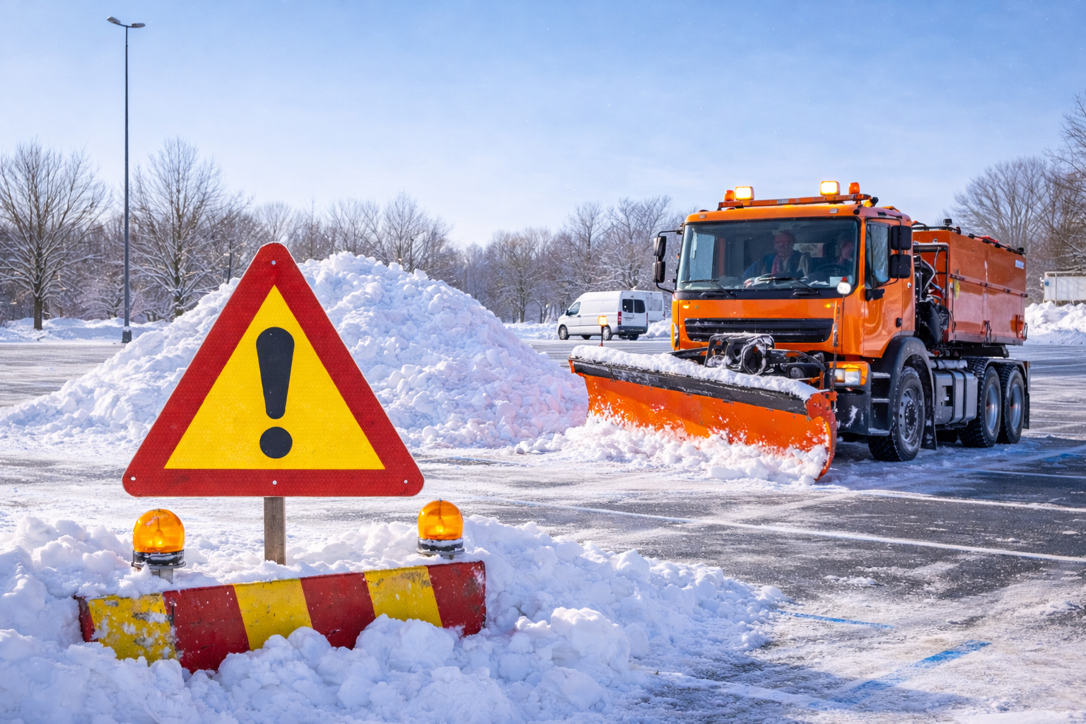 Bild på lastbil med plog framför en snöhög på en parkering. En varningsskylt framför