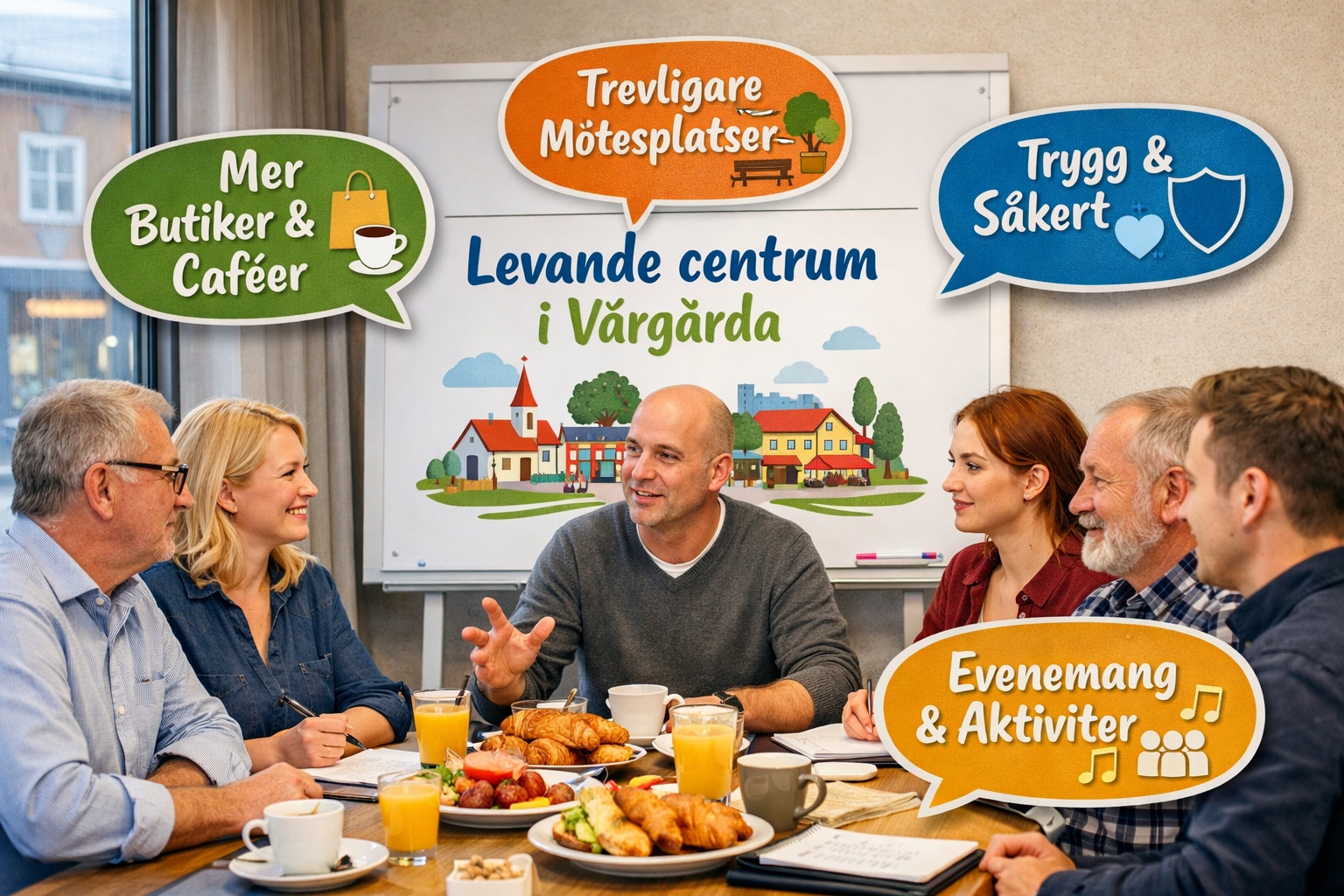 Bild med inbjudan till frukostträff med Vårgårda kommun för att diskutera ett levande centrum, männ